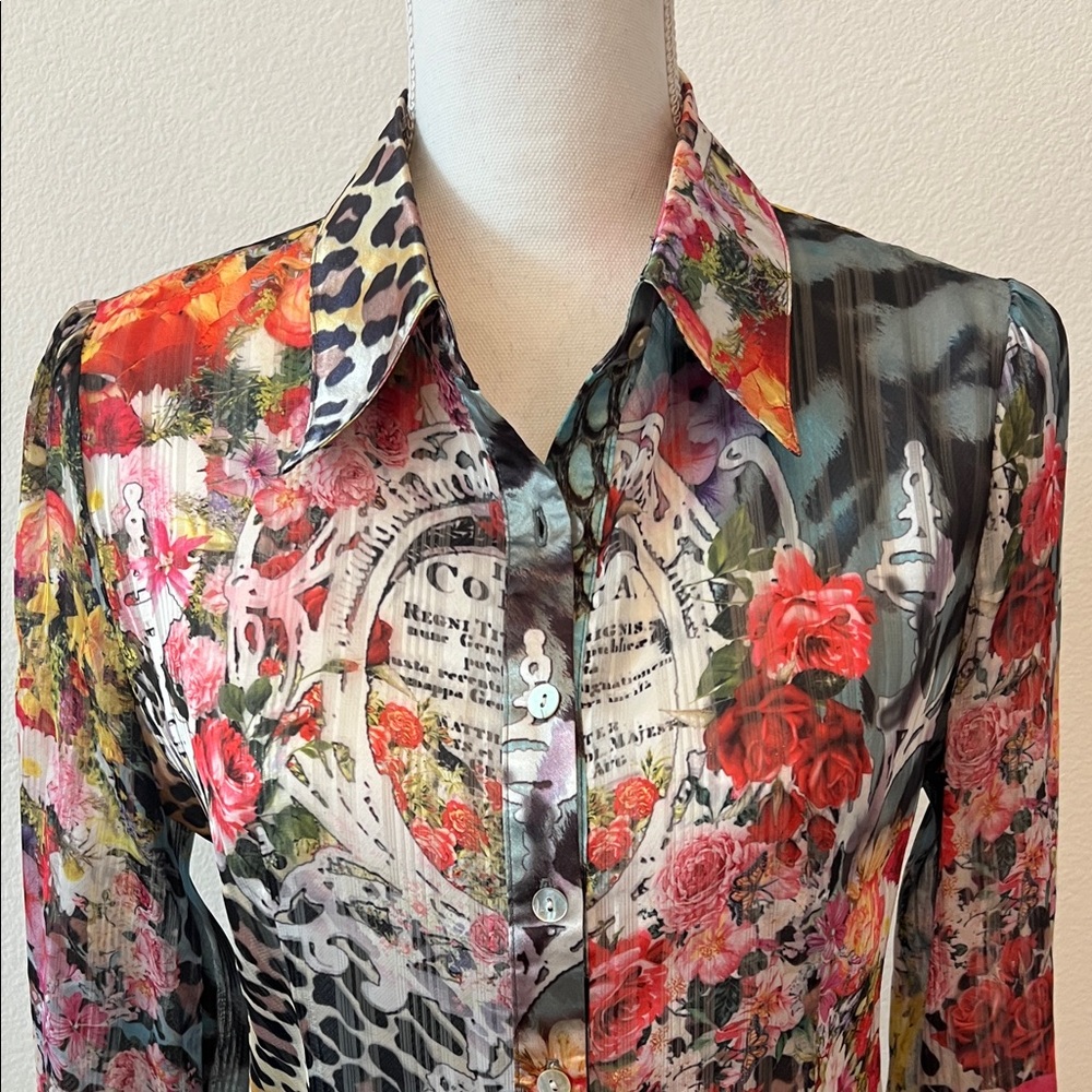 XS Women's Silk Sheer Floral & Leopard Print Button-Down Shirt in Multi-Color - Picture 6 of 15